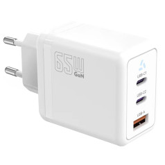 Sienas lādētājs 2x usb c + usb a barošanas padeve balts, gan 65w