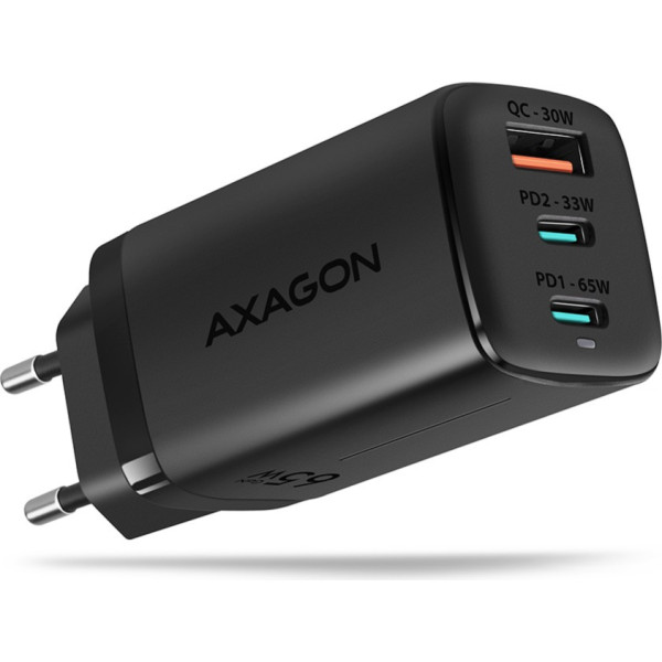 Axagon acu-dpq65 sienas lādētājs, gan 65 w, 3x ports (usb-a + dual usb-c), pd3.0/qc4+/pps/apple