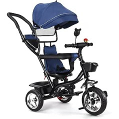 4-in-1 Children's Tricycle for Children from 12 Months to 5 Years with Removable Sun Canopy and Push Bar Tricycles, Jogger, with Skylight, Seat Belts, Freewheel 4-in-1 (Dark Blue)