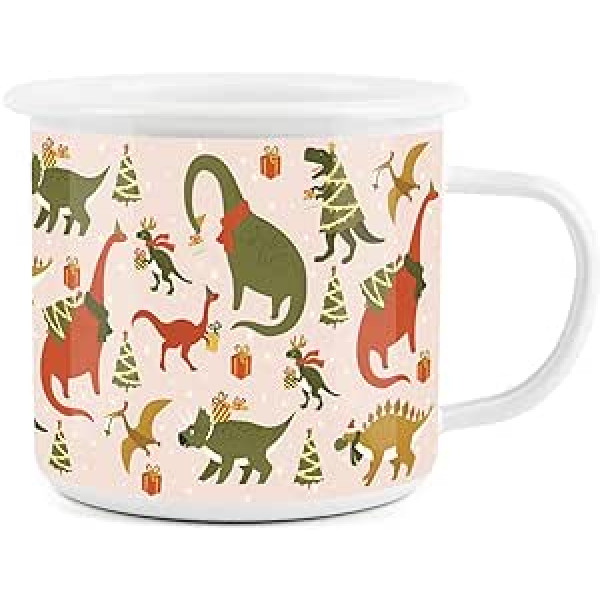 Emaille-Tasse mit Weihnachtsdinosaurier-Motiv – Weiß, Camping, langlebig, für heiße Getränke, Outdoor, für Reisen, Picknicks, Zuhause, Wandern