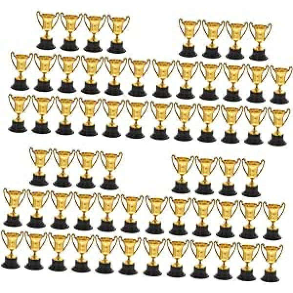 Toddmomy iepakojumā ir 64 mini bērnu trofejas Pirmās vietas kauss Zelta kausi Mini bērnu balvas trofeja Zelta trofejas Bērnu balvas rotaļlieta plastmasas futbola kauss Puzle maziem bērniem