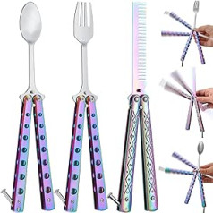 3 Pieces Butterfly Comb Butterfly Fork and Spoon Set Stainless Steel Folding Butterfly Spoon for Camping Hunting Travel Outdoor (Colorful)