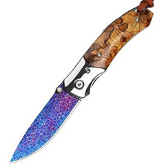 TABKER Folding Knife One-Handed Knife Colour Damascus Pattern Wooden Handle Folding Knife Sharp Pocket Knife for Outdoor Outdoor Survival Knife for Camping