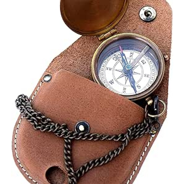 Handmade Brass Open Chain Compass with Leather Case Nautical Compass Pocket Compass Gift Compass