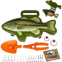 Flambeau Outdoors Wild Bite makšķerēšanas piederumu kastes komplekts | Green/Bass — piederumu kaste iesācējiem, 25 daļīgs vairāku sugu piederumu sortiments basu/panzivju/foreļu ķeršanai, lāpstiņa un knaibles