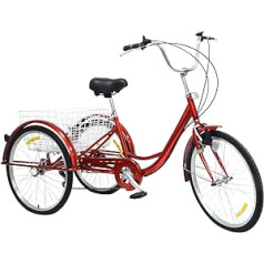 OUKANING 24 Inch Tricycle for Adults 6 Speed Tricycle with Basket Tricycle 3 Wheel Bicycle Gift for Parents/Spouse Adults Tricycle City Bikes (Red)