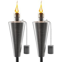 Matney Stainless Steel Tiki Torches - 1.5 m Outdoor Oil Torch Lamp for Citronella - Garden Lawn Backyard Party - Includes Fibreglass Wick and Extinguishing Cap - Set of 2 (Silver Torch Set - Cone)