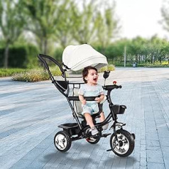 Children's Tricycle for Children from 12 Months to 5 Years with Removable Sun Roof and Push Bar, Tricycles, Jogger, with Skylight, Seat Belts, 360 Degree Rotatable (4-in-1 (Light Grey)