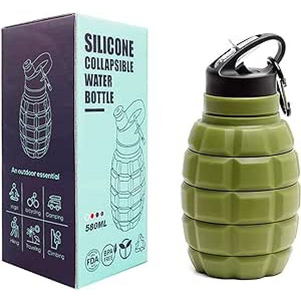 Personalizēta ūdens pudeles granāta 580 ml salokāma sporta dzērienu krūze bez BPA necaurlaidīga silikona pudele sporta zālei, pārgājieniem ar velosipēdu ārā ar āķi (zaļš)