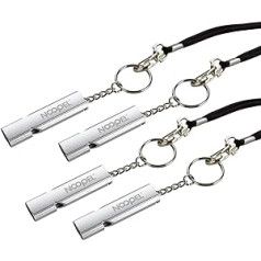 Noopel Emergency Whistles Lifeguard Safety Whistle with Lanyard and Keychain for Outdoor Camping Hiking Boating Hunting Fishing Kayak Kids Rescue Signalling Loud Survival Whistle (4 Pack Silver)