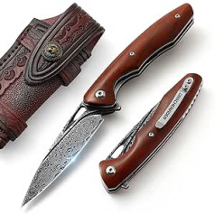 DRACHENADER Pocket Knife Damask High Quality with Leather Bag (Horizontal and Vertical Carry One-Handed Japanese Folding Knife with Clip Wooden Handle