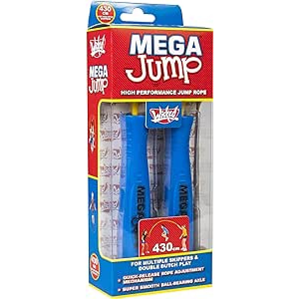 Wicked Mega Jump dubultā augstas veiktspējas lēciena virve vairākiem džemperiem, izmantojot Wicked Vision, regulējams virves garums līdz 430 cm, lodīšu gultņa ass, jautri treniņi brīvā dabā