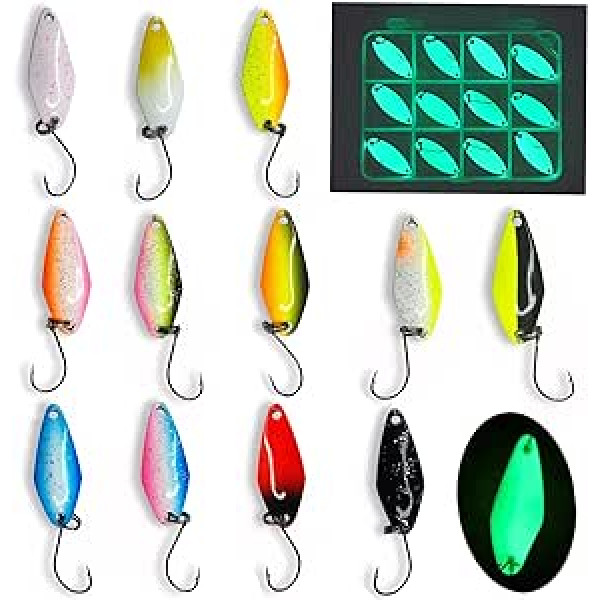 Njord Kalastus Glow Spoon Set | Self Luminous and UV Active Trout Spoon Set 12 Pieces + Box | Extreme Luminosity Thanks to Special Paint | Trout Bait Set | Spoons Trout