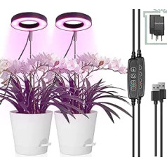 LED augu lampa, pilna spektra augu apgaismojums iekštelpu augiem, regulējama augstuma LED augu audzēšanas lampa ar taimeri 3/9/12 stundas ar USB adapteri, 3 gaismas režīmi un 10 spilgtuma iestatījumi, 2 iepakojumi