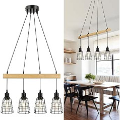 FORCOSO piekarināmā gaisma ēdamgalda piekarināmā lampa koka 4 spuldzes Vintage ēdamistabas lampa piekārtas augstums Regulējams melns metāls abažūrs Max 180 cm E27 Retro Rustic virtuves lampa Ēdamistabas lampa