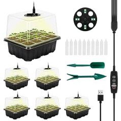 RIOGOO 6 Pack Seed Starter Tray with Grow Light, Timing Seed Starter Set with Adjustable Brightness and Humidity, Greenhouse Germination Kit (12 x 6.72 Cells)