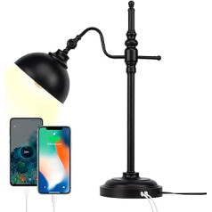 JCPYIUL galda lampa ar 2 USB uzlādes pieslēgvietām Melna metāla galda lampa Rūpnieciskā grīdas lampa Rustic Modern Vintage darba lampa guļamistabas biroja viesistabai