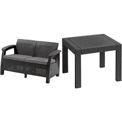 Allibert by Keter Corfu Plastikinė sodo sofa poilsio erdvė su lauko pagalvėlėmis, pilka, 128 x 70 x 79 cm ir Viktorijos sodo stalu, grafitas, kvadratas, plastikas, plokščia rotango išvaizda