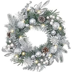 Valery Madelyn 18 Inches/46 cm Christmas Wreath for Front Door Wreath with Christmas Baubles and Pine Cones, Christmas Reef with 15 LED Lights and Timer Function for Christmas Decoration Silver White