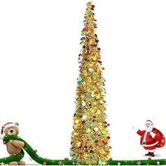 150 cm Pop-Up Christmas Tree with 5 m LED Light, Artificial Christmas Tree, Christmas Decoration, Foldable Christmas Trees, Pre-Lit Christmas Decoration, Sequins, Christmas Tree with Stand