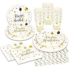 125 Pieces Happy Birthday Party Supplies Set, Disposable Party Tableware Set and Gold Dot Disposable Tableware for Birthday Party Tableware, Paper Plates, Napkins, Straws (White, for 25 Guests)