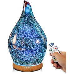 Porseme 280 ml Aroma Diffuser Glass with Remote Control, Hand-Blown 3D Fireworks Ultrasonic Humidifier, Quiet, 7 Colour LED Light, Automatic Power-Off, Timer Function, Humidifier for Home and Yoga