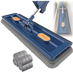FOKH didelė plokščia šluostė grindų šluoste, 360° pasukama grindų šluota, plokščia šluostė su daugkartinio naudojimo mikropluošto šluostėmis (4 audiniai, mėlyna)