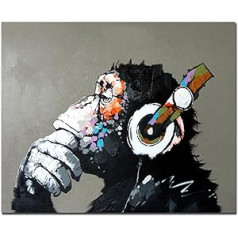 Fokenzary Hand Painted Oil Painting on Canvas Pop Art Cute Chimpanzee Listens to Music with Headphones with Frame Ready to Hang 20 x 24 Inches