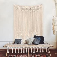 Fayavoo Macrame sienas piekares, lielas, 115 x 100 cm, ar rokām darinātas austas gobelēns sienas piekarināmais kokvilnas virves bārkstis reklāmkarogs Boho kāzu fona dekoriem Mājas māksla