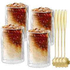 Nizirioo 4 Latte Macchiato glāzes komplekts, kafijas glāzes ar dubultām sienām, 375 ml kafijas glāzes ar 4 karotēm, termiskās glāzes, dubultsienu borsilikāta glāze viskijam, alum, kokteilim, ledus kafijai