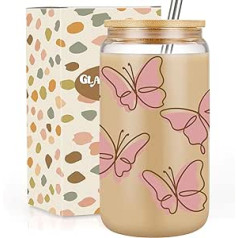 GSPY Butterfly Cup Bierdosenglas – Eiskaffeebecher Glas, 473 ml Trinkgläser, Schmetterlingsgeschenke für Frauen, Freund