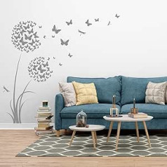 tjapalo® 4V Large Wall Tattoo Dandelion with Butterflies Wall Sticker Living Room Flowers Wall Sticker Girls Room Teenagers Colour: Dark Grey Size: H 170 x W 58 cm