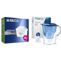 BRITA Maxtra Pro papildu kaļķakmens aizsardzības ūdens filtra kasetne — iepakojumā 4 un Marella XL ūdens filtra krūze, zila (3,5 L) Ietver 1x Maxtra Pro universālo kasetni