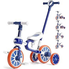 KORIMEFA 4-in-1 Balance Bike, Children's Tricycle, Tricycle, Walker for Children from 1 Year to 4 Years (Blue with Push Handlebar)