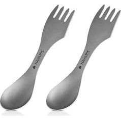 Navaris 3-in-1 titāna kempinga galda piederumu komplekts ar 2-2 x Outdoor Spork - Naža karotes dakša ar maisu - Galda piederumu kombinācija - Ceļojumu galda piederumi pelēkā krāsā