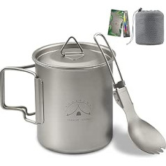 Adhafera Camping Titanium Mug, Titanium Camping Cup with Lid, 99.8% Titanium Pot with Spork and Portable Bag (450 ml Cup)