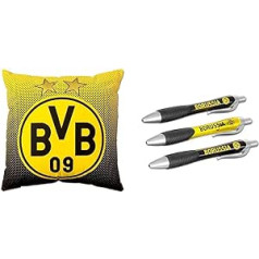 Borussia Dortmund, poliesters, BVB spilvens ar emblēmu, melns/dzeltens, 40 x 40 cm, 1 gabals (1 iepakojums) un BVB lodīšu pildspalva (komplektā no 3)