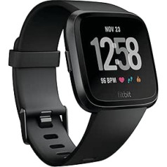 Fitbit Versa veselības un fitnesa viedpulkstenis ar sirdsdarbības monitoru, 4+ dienas akumulatora darbības laiku un ūdensizturīgs līdz 50 m dziļumam, melns