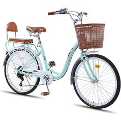 Bicycle, Beach Cruiser Bicycle for Women, Classic Cruiser Bicycle with Baskets, Leisure Vegetable Basket Bicycle, 7 Elegant Women Crossing Bike Retro Bicycle Leisure Picnics (Size: 26 Inches, Colour: Green)