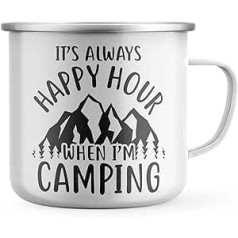 Purple Print House Happy Hour Camping emaljas krūze, Smieklīgas kempinga dāvanas vīriešiem, tētiem, dzimšanas dienas dāvanas ideja, metāla dzeramā kafijas krūze, viens izmērs, balts