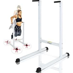 Physionics® Dip Station - līdz 120kg, 103/67/123cm, brīvi stāvošs, bicepss, tricepss, vēdera un muguras treniņš, polsterēti rokturi, izgatavoti no metāla, balti - iegremdēšanas stieņi, iegremdēšanas stieņi, iegremdēšanas statīvs, iegrem