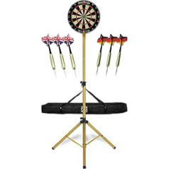 Stagecaptain DBS-1715 Bullseye Pro smiginio lentos komplektas - Profesionali plieninė smiginio lenta, pagaminta iš sizalio - Reguliuojamo aukščio smiginio stovas aukso spalvos su krepšiu - 6 smiginiai ir 4 skrydžio rinkiniai