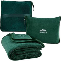 BlueHills High Quality Soft Travel Blanket, Pillow, Airplane Blanket, Throw in Soft Bag, Pillow Case with Carry-on, Belt & Backpack Clip, Large Blanket for Travel, Green (Dark Green T010)