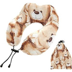 MCHIVER Lovely Teddy Bear Neck Pillow for Sleeping Memory Foam Travel Pillow with Storage Bag Adjustable Soft Head Neck Support Pillow for Travel Camping Plane Travel Essentials