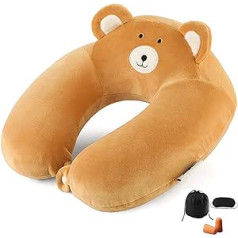 ADSFG Travel Pillow Memory Foam Neck Pillow Cartoon Animal Shape Plush Neck Support with Eye Mask Ear Plugs Storage Bag Brown Bear