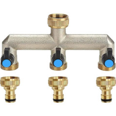 3-Way Tap Distributor Water Distributor Made of Brass for 3 Tap Adaptors 3 Distributors 3/4 Inch Water Connection Adapter Coupling 1/2 Inch for Adjusting Shut-off Water Flow