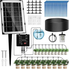 Solar Bewässerungssystem automaticische Set, 2 in 1 Solar und USB-Aufladung Gartenbewässerungssystem mit 12 Timer-Modi und 15 M Schlauch, für Drinnen, Garten und Balkontopfpflanzen im Freien, Gemüse