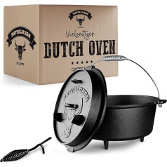 Buffalo BBQ® Burnt Dutch Oven - with Feet and Lid - Extremely Fireproof - Includes Lid Lifter, Cast Iron Pot - 9-Litre Capacity - Suitable for Outdoors & Indoors