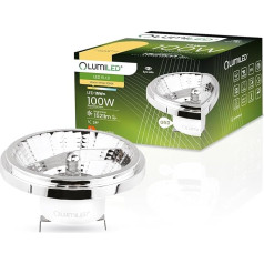 LUMILED LED spuldze AR111 G53 ligzda 12 V 15 W (ekvivalents halogēnai 100 W) Silti balta 3000 K 24 grādu gaismas leņķis Sudraba krāsā 1521 lūmena RA > 80 Alumīnija PC