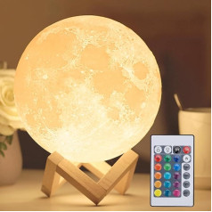 Mydethun 2024 Mother's Day Gift Update 16 Colours Moon Lamp with Wooden Base, 18 cm LED 3D Moonlight, Remote Control, USB Charging, Night Light, Lamp for Children, Girls, Bedroom, Home Decoration